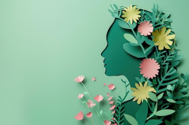 Photo journée mondiale de sensibilisation à la santé mentale tête de femme découpée en papier et fleurs