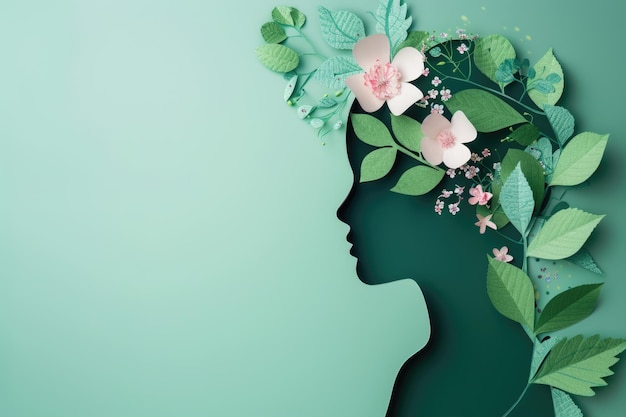 Journée mondiale de sensibilisation à la santé mentale Tête de femme découpée en papier et fleurs