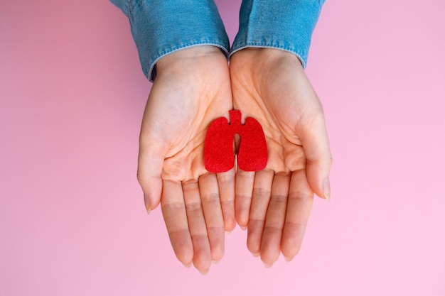 Journée mondiale de la tuberculose. Les mains de la femme tiennent la silhouette découpée des poumons. Mise à plat. Fond rose