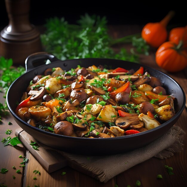 Journée mondiale végétalienne Mix de légumes Champignons dans une casserole authentique sur fond de bois Journée mondiale du végétalisme