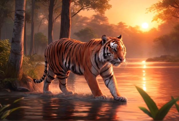 Journée mondiale de la vie sauvage Mouvement du tigre dans la forêt au coucher du soleil vu de face