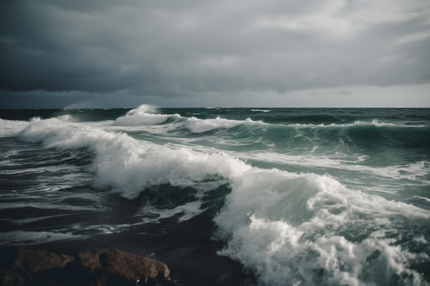 Une journée orageuse avec un ciel orageux et des vagues se brisant sur le rivage.