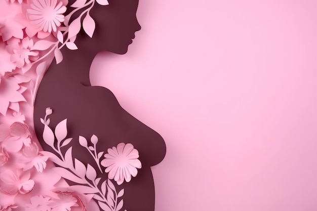 Journée de sensibilisation au cancer du sein coupé en papier Corps Femme avec des fleurs sur fond rose Créé avec la technologie Generative Ai