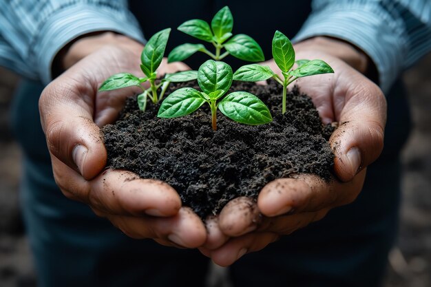 La Journée de la Terre et l'environnement entre les mains du développement de semis d'arbres avec un grand espace de copie IA générative