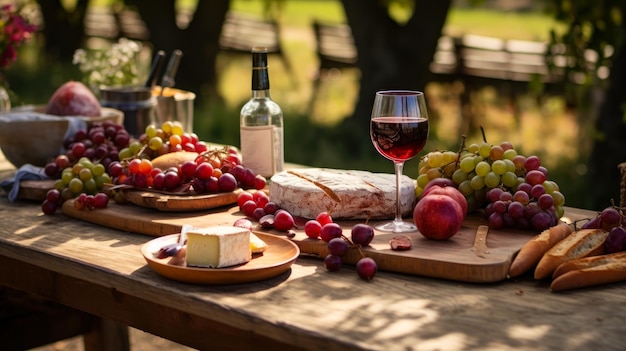 journée de vinification vin dans des verres et une bouteille sur la table sur fond de plantations de raisins ai générative