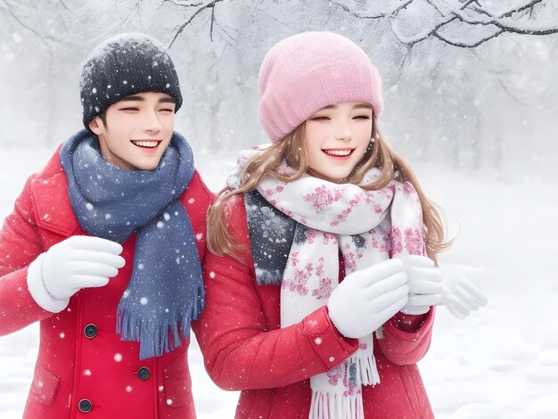 Jours d'hiver Les jeunes hommes et femmes s'habillent de manteaux de couleurs vives avec des fleurs de roses de glace de neige AI Générer une image