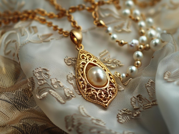 Photo joyaux d'or vintage collier de luxe avec perles et pendentifs sur fond blanc