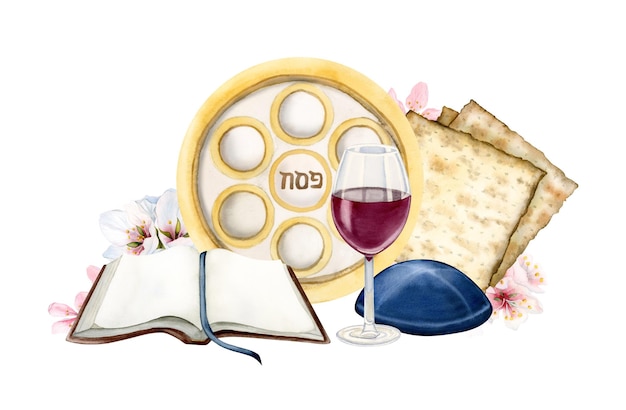 Joyeuse bannière de voeux de Pâque avec verre de vin rouge matzah Haggadah plaque de seder juive