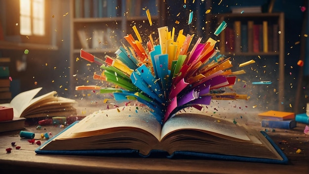 Joyeuse célébration de la journée du livre. Le livre explose de connaissances. L'illustration colorée du livre.