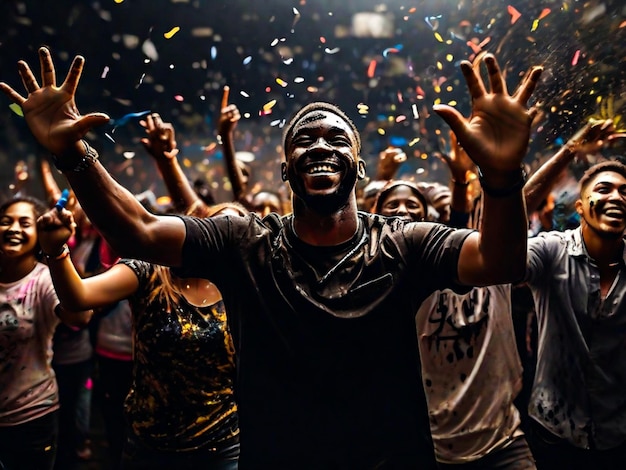 Photo joyeuse célébration de la journée de la jeunesse silhouette de la fête les gens ont levé la main