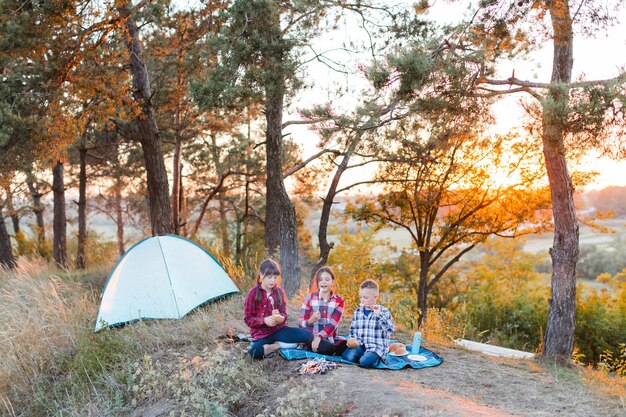 Une joyeuse compagnie de deux filles et un garçon en pique-nique au milieu de la forêt