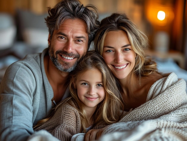 Une joyeuse famille caucasienne souriante assise dans un sac blanc avant de s'endormir.