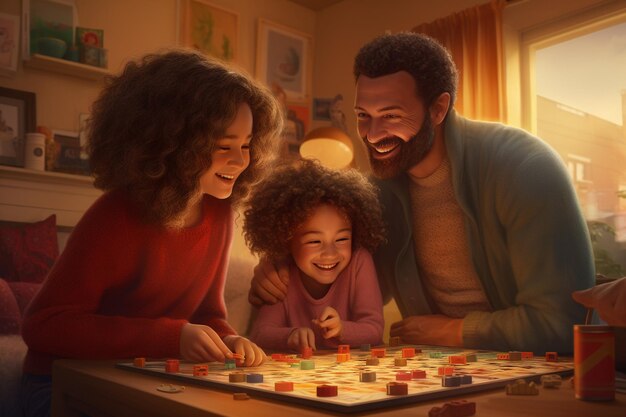 Une joyeuse famille interraciale jouant à des jeux de société en 00036 00