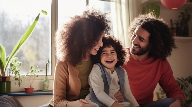Joyeuse famille moyen-orientale de trois personnes s'amusant ensemble à la maison