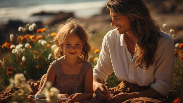 Joyeuse famille profitant d'un pique-nique sur la rive sablonneuse