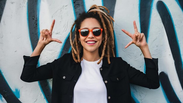 Photo joyeuse femme ethnique cool avec des dreadlocks fait votre geste s'amuse vêtue d'une veste noire et d'un sty