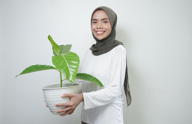 Joyeuse femme musulmane asiatique en t-shirt et hijab tenant une plante isolée sur fond blanc