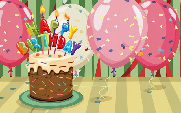 Joyeuse fête d'anniversaire avec des ballons, des bougies et du gâteau