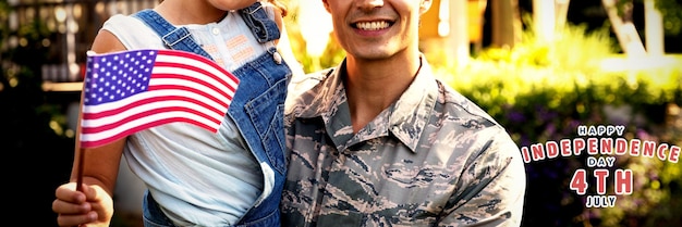 Photo joyeuse fête de l'indépendance contre le portrait du soldat avec sa fille