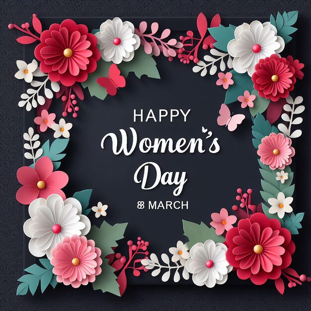Joyeuse fête internationale de la femme le 8 mars fond de fête avec coupe en papier cadre fleurs