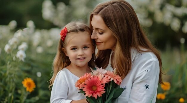 Joyeuse fête des mères La fille félicite sa mère et lui donne un bouquet de fleurs