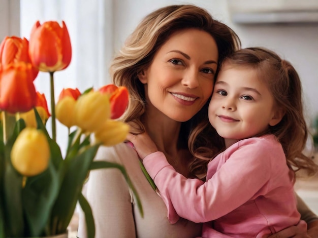 Joyeuse fête des mères, la fille félicite sa mère et lui donne des fleurs, des tulipes.