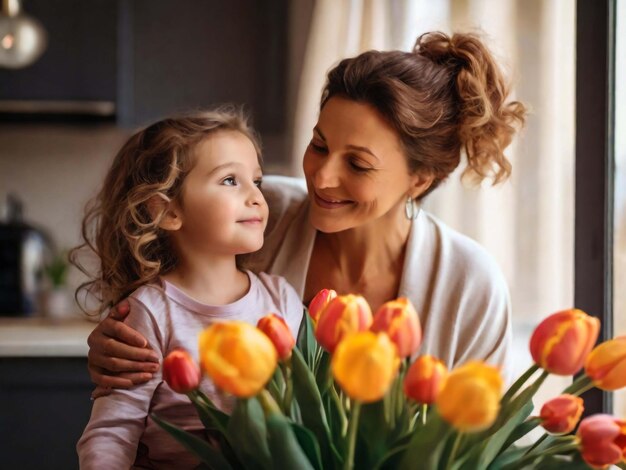 Joyeuse fête des mères, la fille félicite sa mère et lui donne des fleurs, des tulipes.