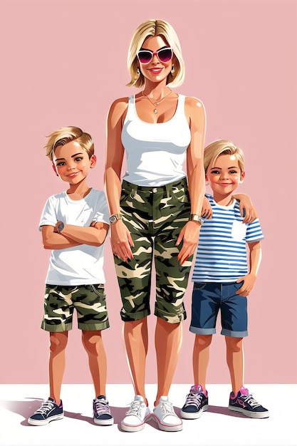 Photo joyeuse fête des mères papa célébration une femme et deux enfants dans un pantalon de camouflage