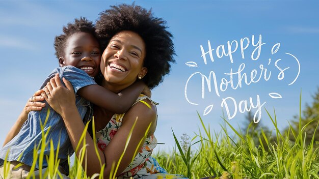 Joyeuse fête des mères Photo de la fête des Mères mettant en vedette une mère et son enfant souriant qui s'embrassent Le fond est un jardin pittoresque éclairé par le soleil avec une variété de fleurs colorées