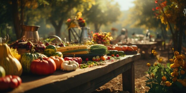 Photo une joyeuse fête de récolte d'automne en plein air