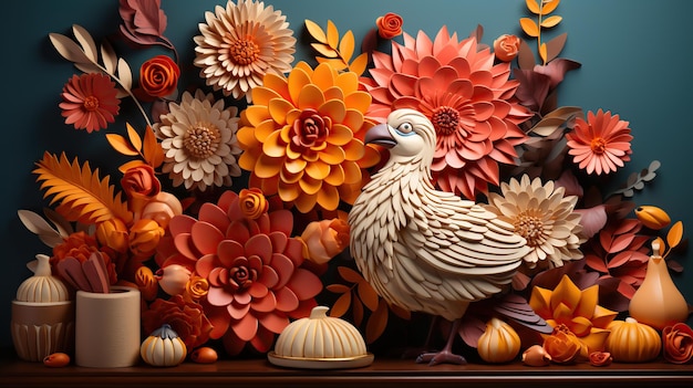 Joyeuse fête de Thanksgiving avec une dinde et une décoration d'automne Generative AI