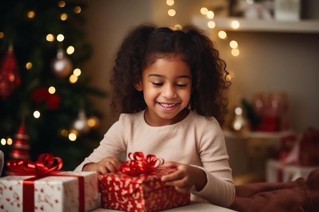 Joyeuse fille ethnique décorant une boîte-cadeau à Noël Generative AI