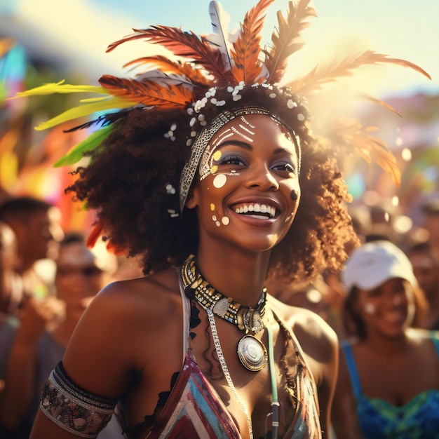 Joyeuse fille noire avec des plumes dans les cheveux et un visage peint célébrant le Mois de l'histoire des Noirs