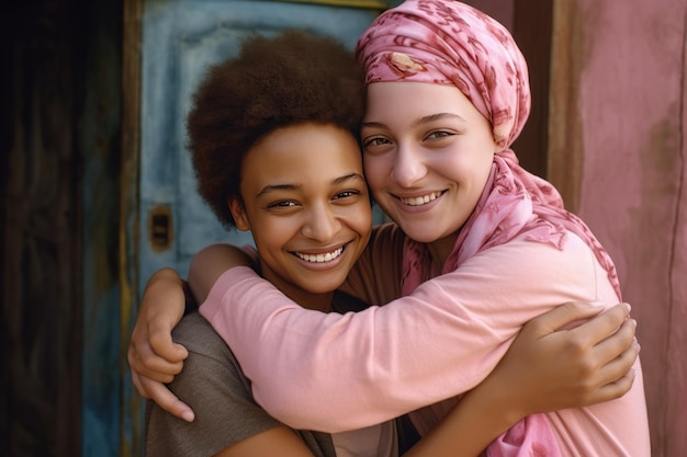 Joyeuse fille survivante du cancer embrassant un ami tons rose et ambre AI générative