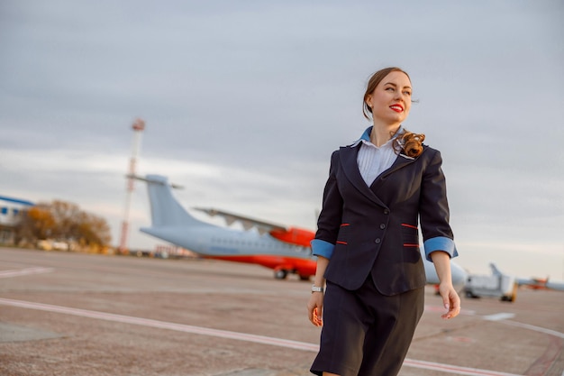 Joyeuse hôtesse de l'air marchant dans l'aérodrome