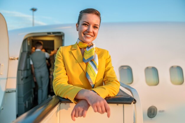 Joyeuse hôtesse de l'air regardant la caméra et souriant en attendant les passagers à la porte de l'avion