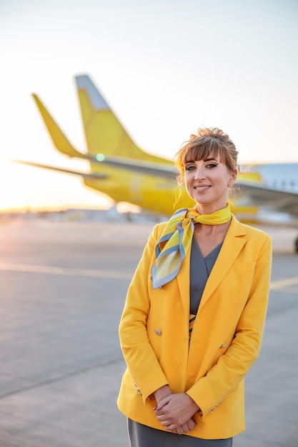 Joyeuse hôtesse de l'air en uniforme de compagnie aérienne regardant la caméra et souriant tout en se tenant à l'aérodrome