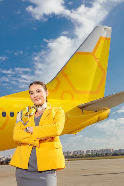 Joyeuse hôtesse de l'air en uniforme d'hôtesse de l'air, gardant les bras croisés et souriant tout en se tenant près de l'avion à l'extérieur