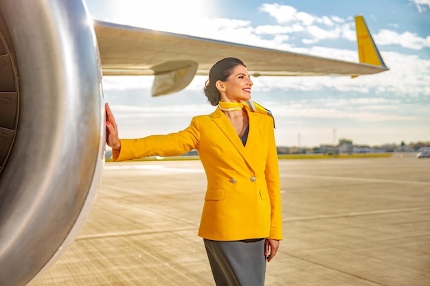 Joyeuse hôtesse de l'air en veste jaune plaçant la main sur le moteur à turbine et souriant tout en se tenant près de l'avion à l'aéroport