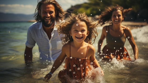 Photo joyeuse jeune famille s'amusant à la plage