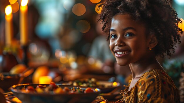 Joyeuse jeune femme afro-américaine riant alors qu'elle célèbre la fête de Thanksgiving avec ses proches dans la salle à manger