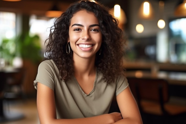 Joyeuse jeune femme latine au café AI générative