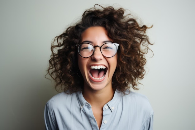 Photo joyeuse jeune femme portant des lunettes sur fond blanc généré par l'ia