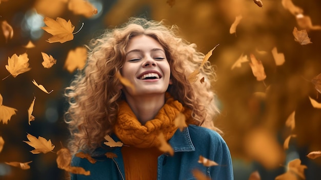 Joyeuse jeune femme se réjouit en automne en jetant des feuilles jaunes tombées dans le parcCréé avec la technologie Generative AI