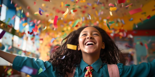 Photo joyeuse jeune fille célébrant avec des confettis un moment de bonheur et d'excitation dans une salle de classe ai