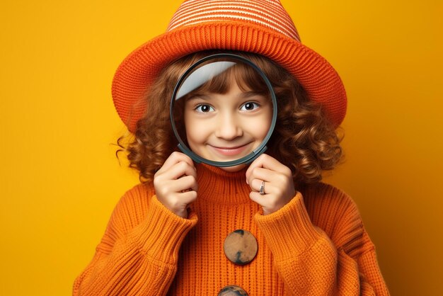 Photo joyeuse jeune fille en pull et chapeau regardant la caméra avec une loupe sur orange