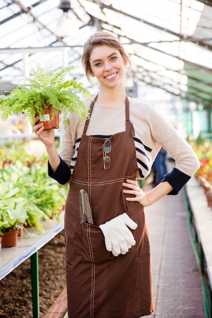 Joyeuse jolie jeune femme jardinière en tablier marron debout dans l'orangerie et tenant la fougère en pot