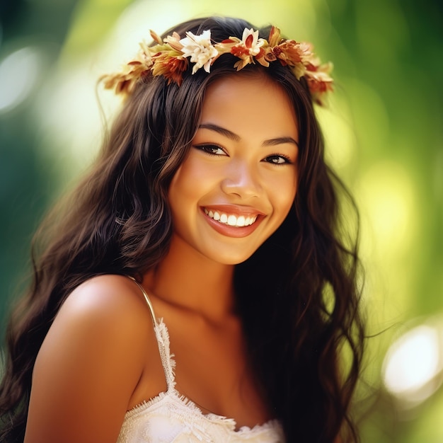 Joyeuse mariée Jeune femme hawaïenne en blanc robe de mariée à épaule et couronne de fleurs mariage de fusion