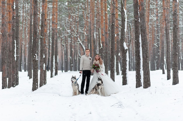 Joyeuse mariée et le marié avec deux husky sibérien sont posés sur fond de forêt enneigée.