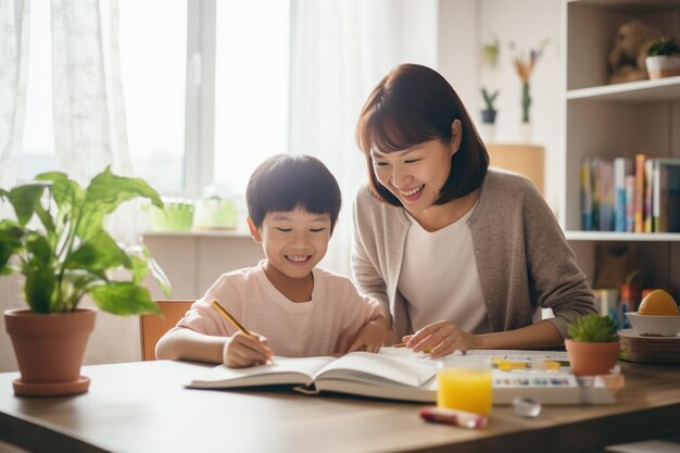 Joyeuse mère asiatique faisant ses devoirs avec son fils à la maison